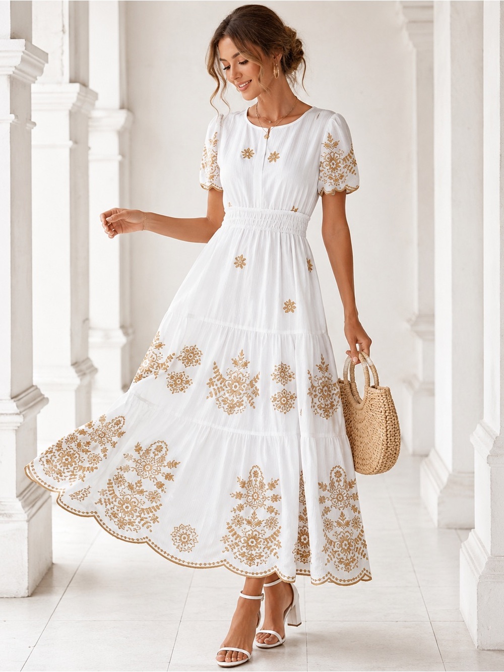 Boho White with Khaki Flowers Maxi Dress Embroidery Pockets Cottagecore Elegant